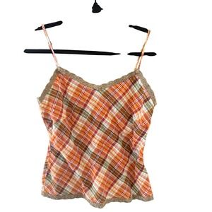 Vintage Y2k Womens Orange Plaid Crochet Lace Trim Cotton Cami Tank Top M